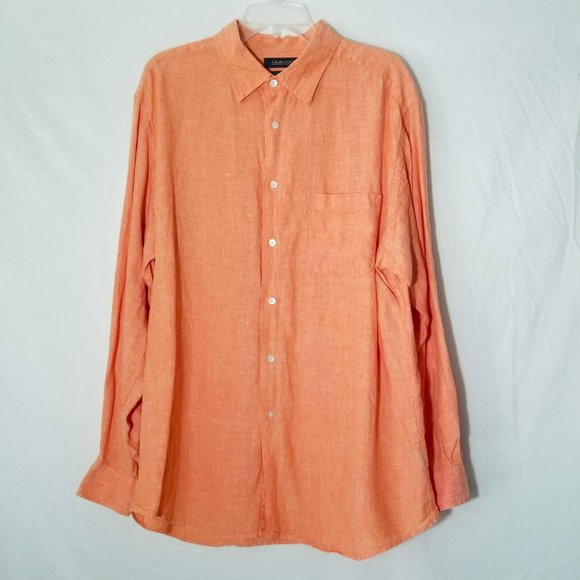 Murano European Fabric Mens XL Linen Long Sleeve Orange Peach Button-Up Shirt - Picture 3 of 12
